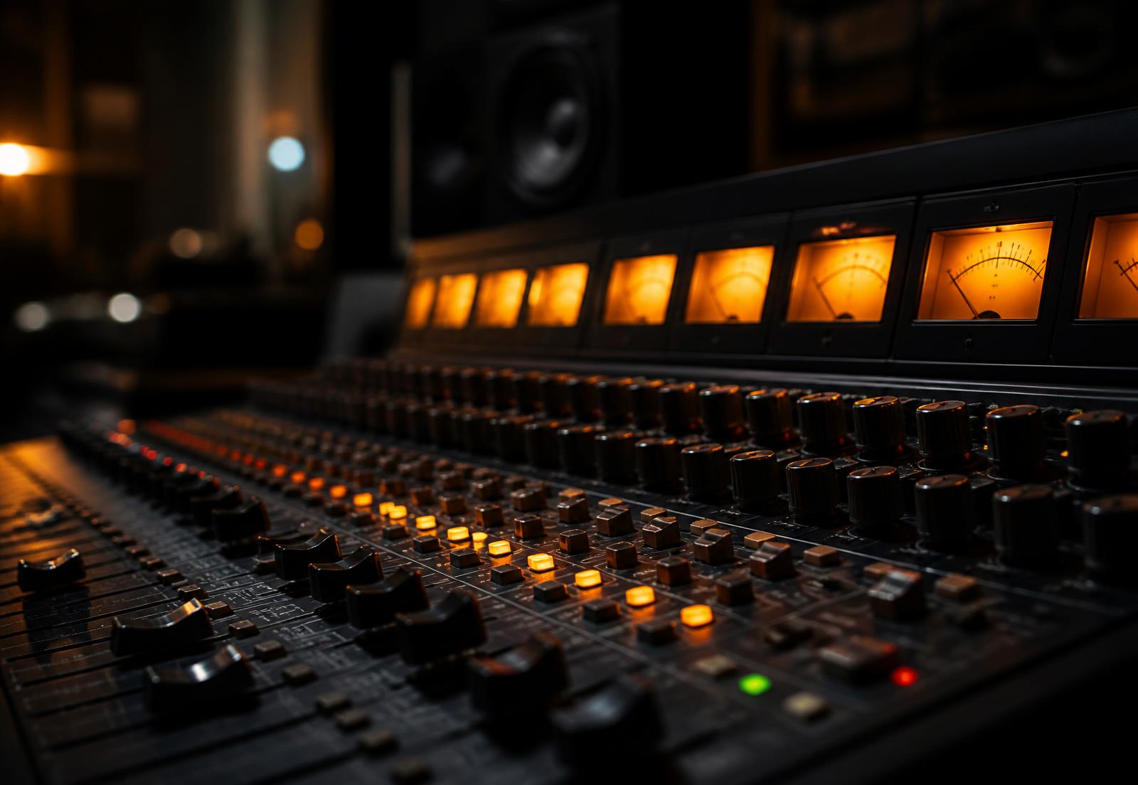 Detail mixážního pultu s rozsvícenými VU metry ve studiu